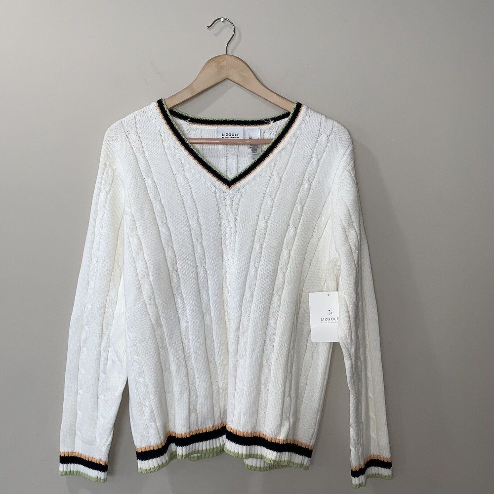 Vintage Liz Claiborne Golf Sweater White Chunky Cable Knit V-Neck Womens Size L
